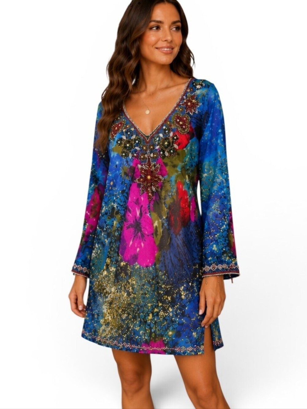 Solitaire Beaded Embellished Sheer Floral Tunic Mini Dress Cover Up Size M